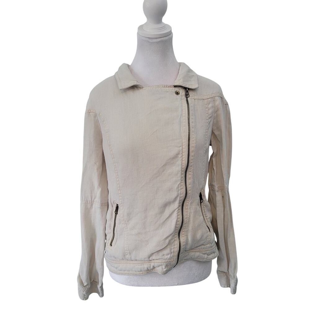 Bar III Size M Linen Asymmetrical Zip‎ Moto Jacket Neutral Edgy Layer